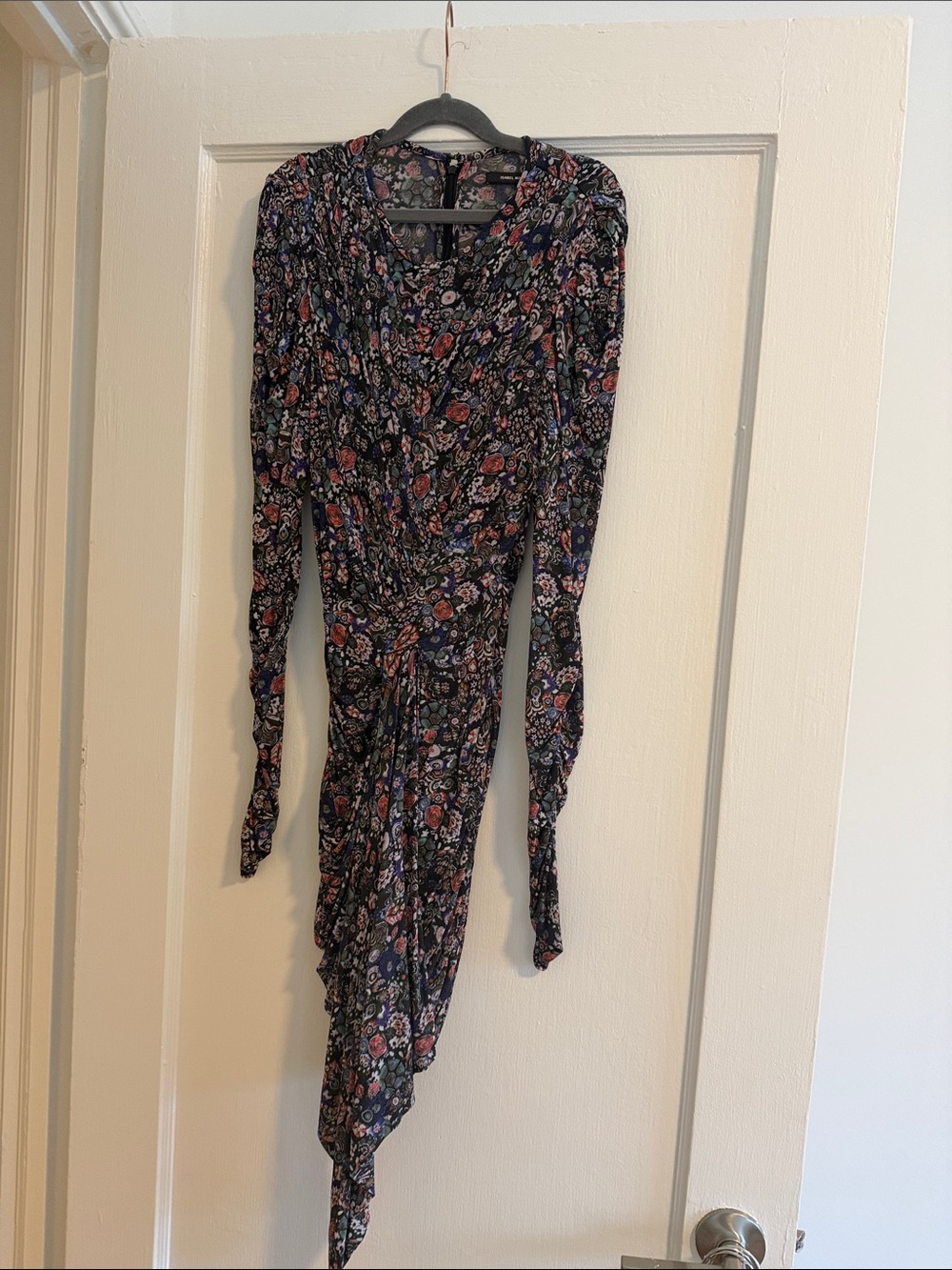 Black Floral Asymmetrical Long-Sleeve Dress